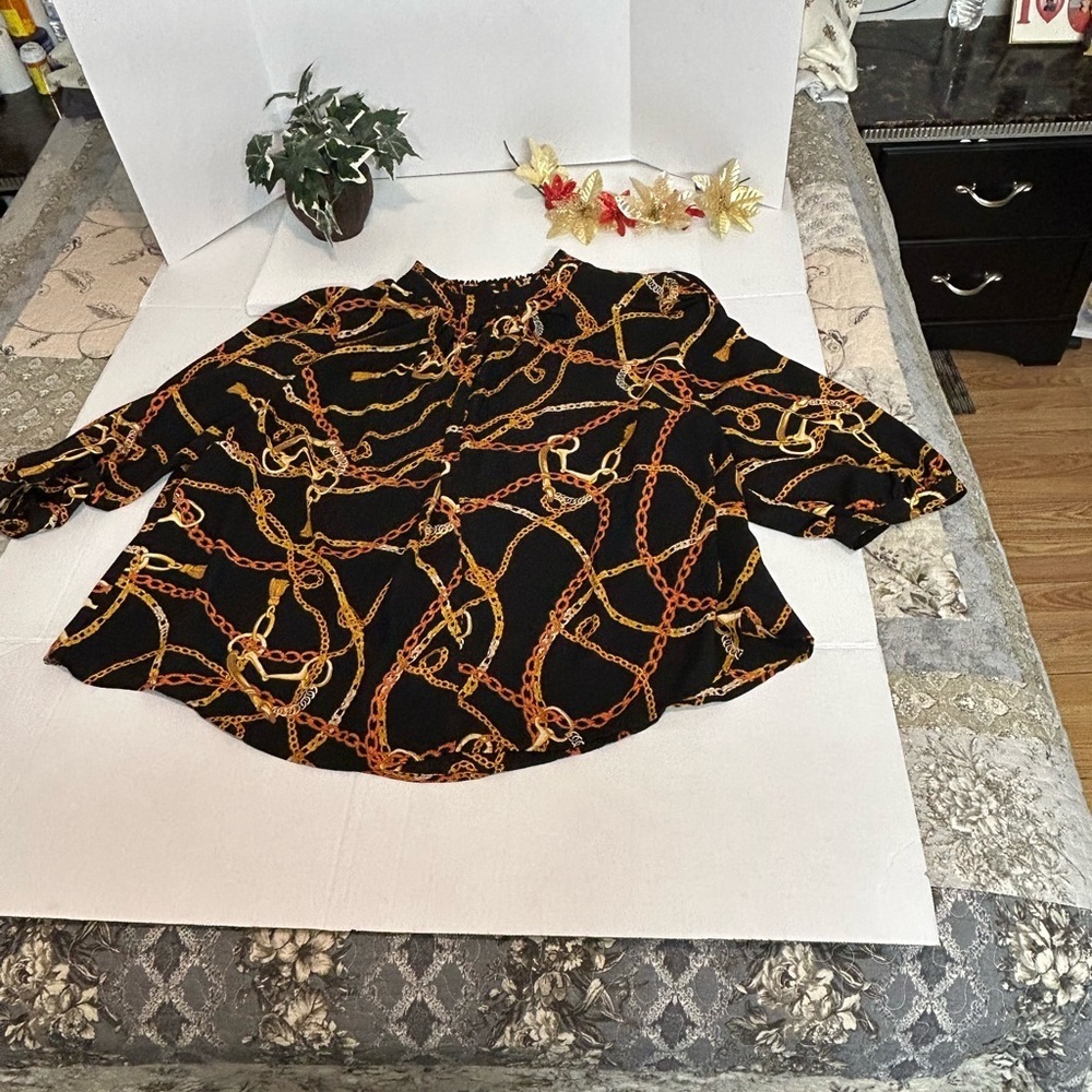 Worthington Black and Orange Chain Print Blouse - Picture 3 of 7